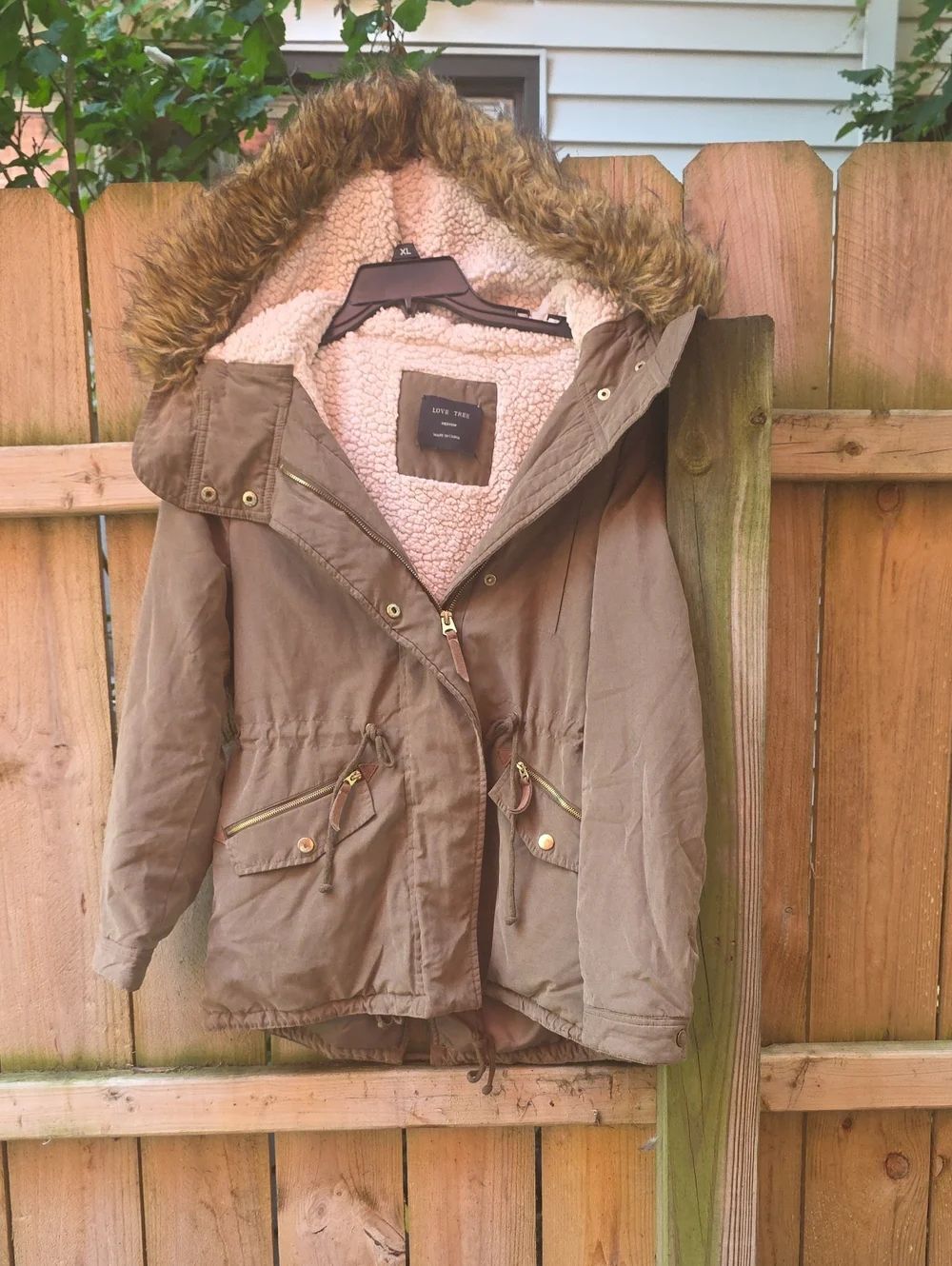 Love Tree Olive Brown Hooded Utility Jacket with Faux-Fur Trim